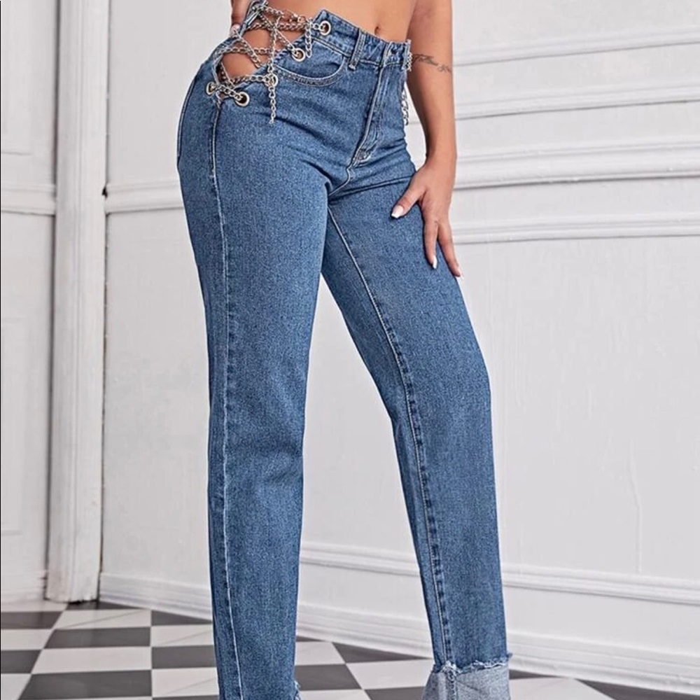 Chain lace up blue jeans